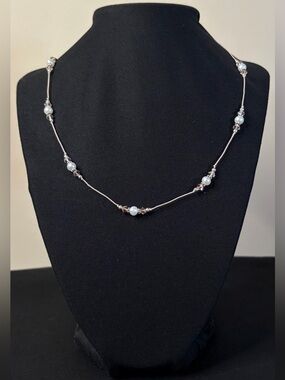 Freshwater pearl, crystal and sterling silver pink cord necklace.